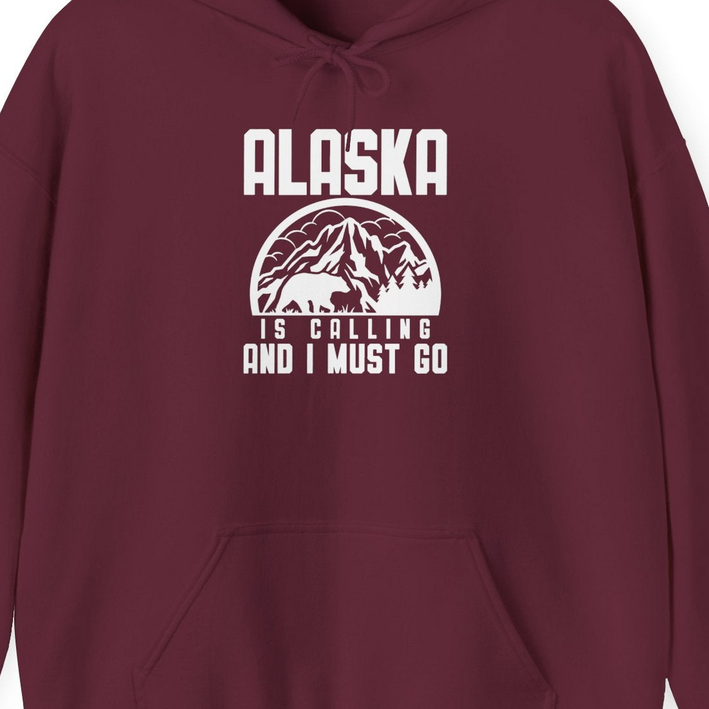 Alaska Is Calling Shirt Hoodie – Maroon – Alaska Cruise Shirts Close Up