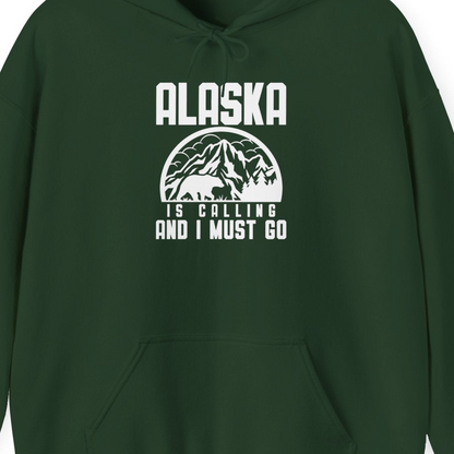 Alaska Is Calling Shirt Hoodie – Forest Green – Alaska Cruise Shirts Close Up