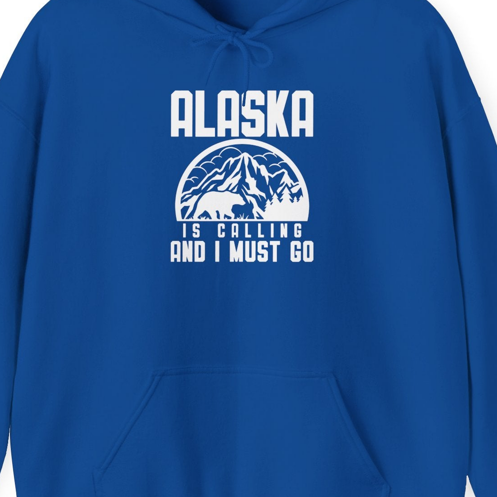 Alaska Is Calling Shirt Hoodie – Royal – Alaska Cruise Shirts Close Up