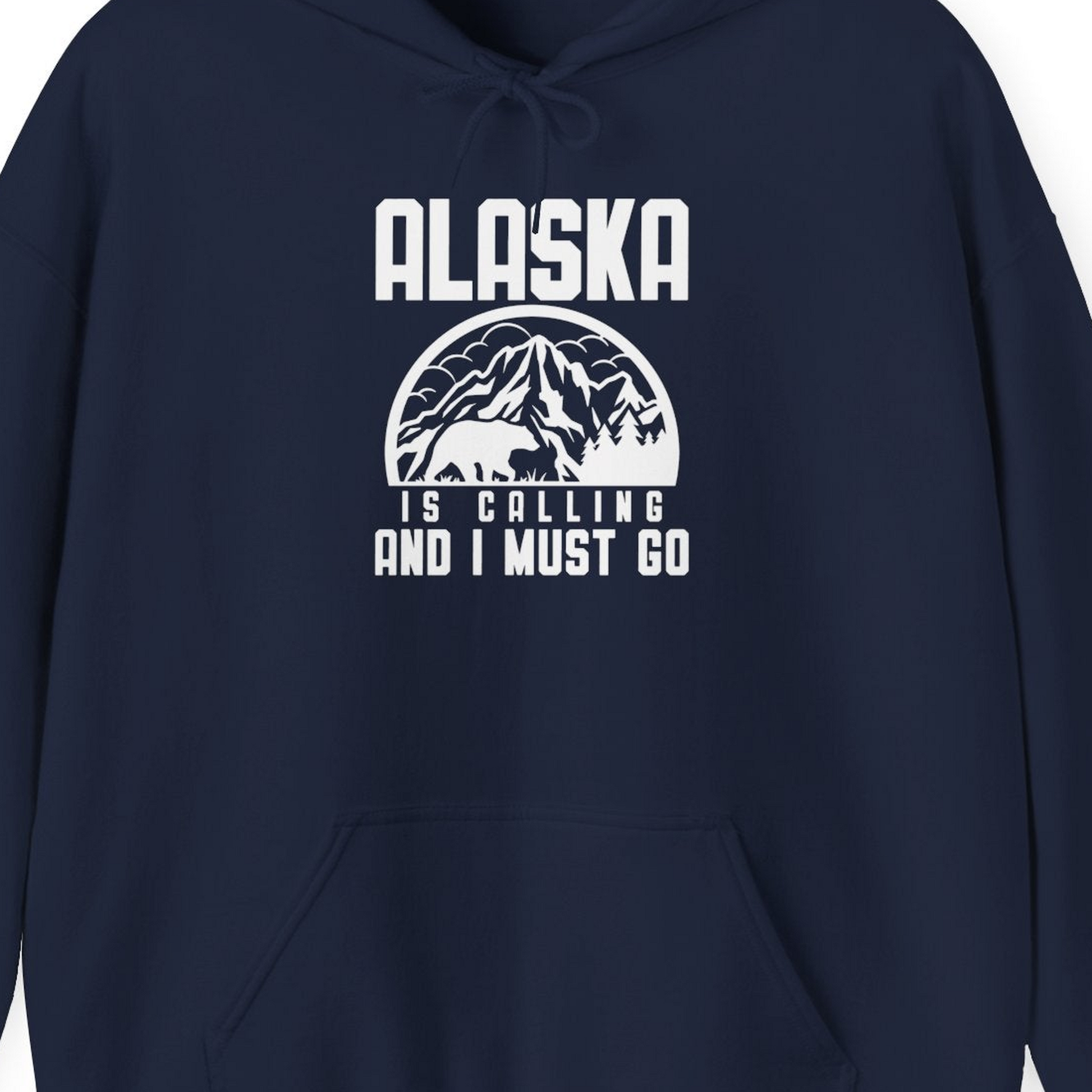 Alaska Is Calling Shirt Hoodie – Navy – Alaska Cruise Shirts Close Up
