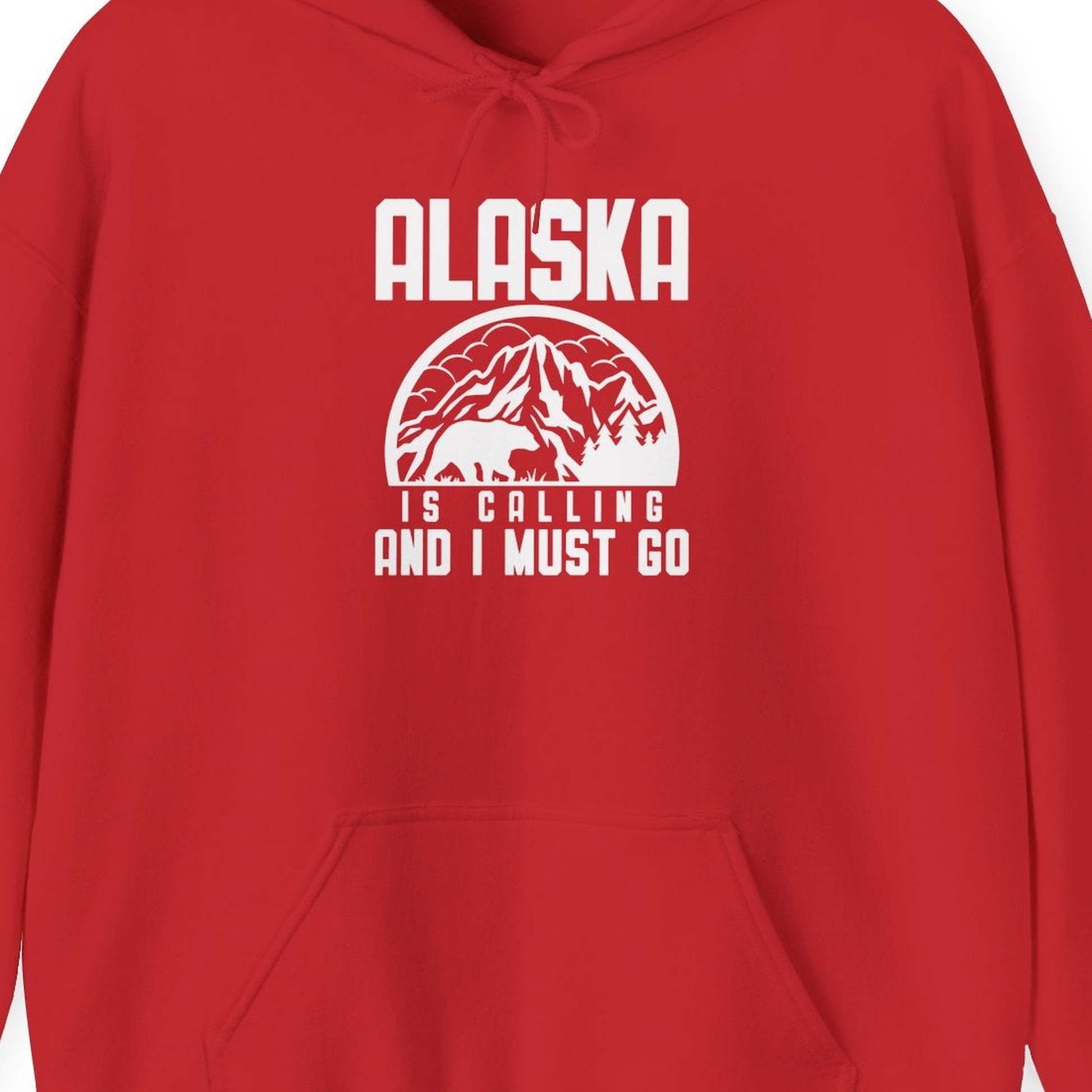 Alaska Is Calling Shirt Hoodie – Red – Alaska Cruise Shirts Close Up