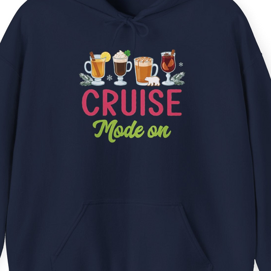 Cruise Mode On Shirt Hoodie – Navy – Alaska Cruise Shirts Close Up