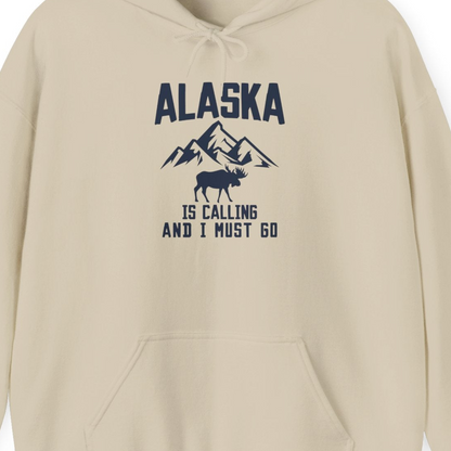 Alaska Is Calling Moose Mountains Adventure Silhouette Nature Shirt — Hoodie Hoodie – Sand – Alaska Cruise Shirts Close Up