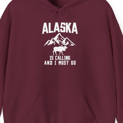 Alaska Is Calling Moose Mountains Adventure Silhouette Nature Shirt — Hoodie Hoodie – Maroon – Alaska Cruise Shirts Close Up