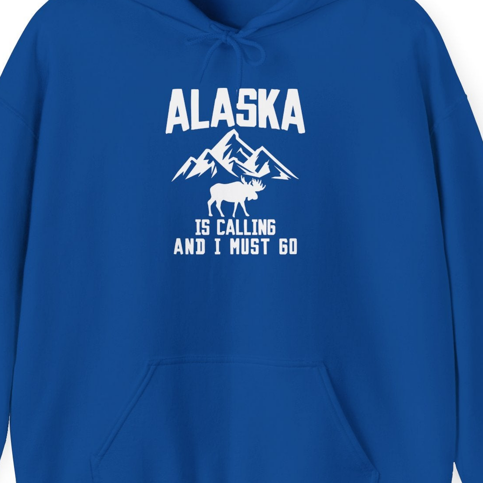 Alaska Is Calling Moose Mountains Adventure Silhouette Nature Shirt — Hoodie Hoodie – Royal – Alaska Cruise Shirts Close Up
