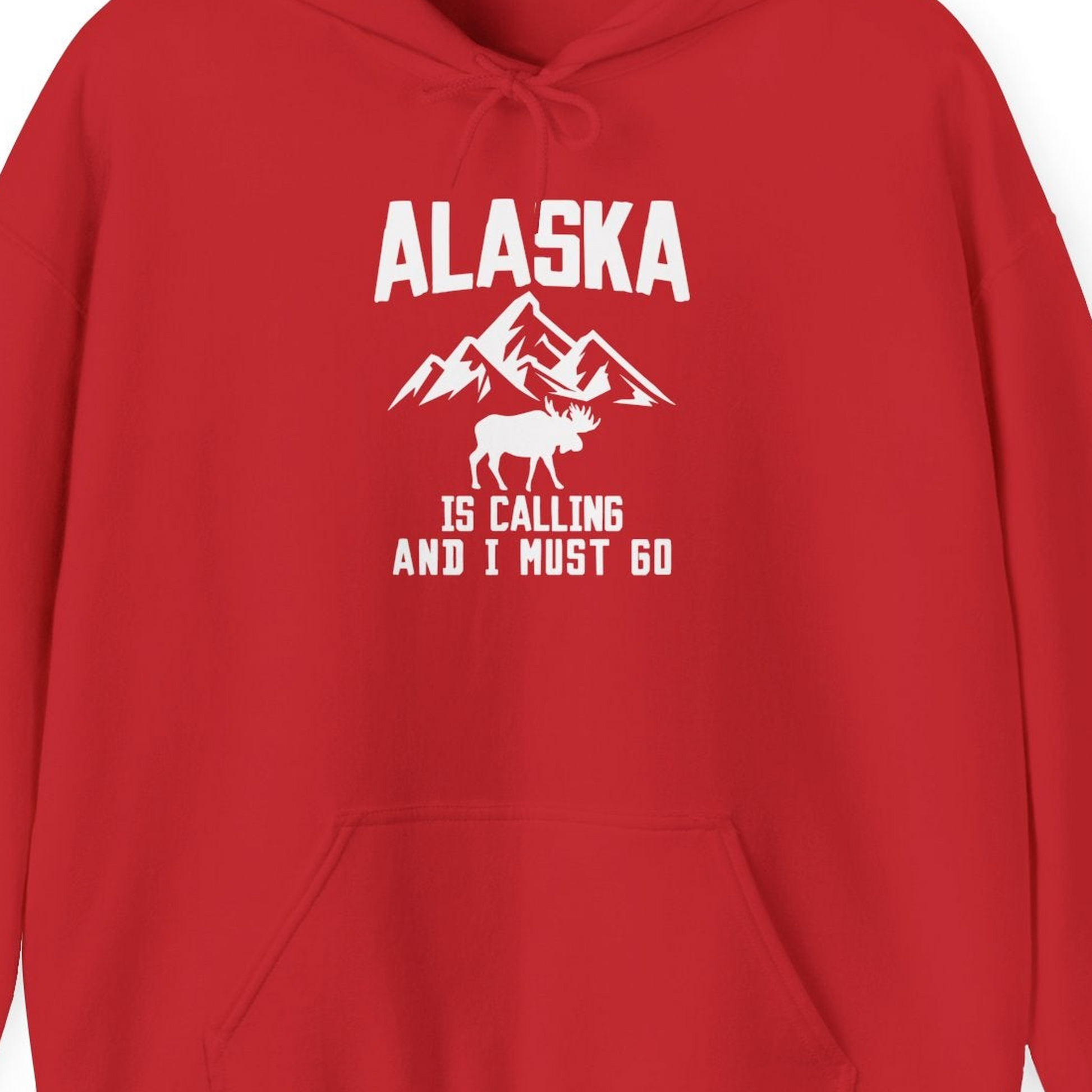 Alaska Is Calling Moose Mountains Adventure Silhouette Nature Shirt — Hoodie Hoodie – Red – Alaska Cruise Shirts Close Up