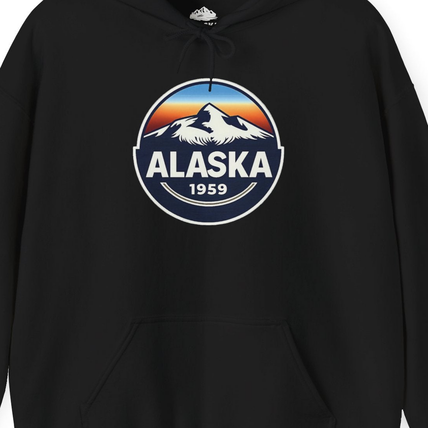 Alaska 1959 Retro Mountain Sunset Badge hoodie Vintage Statehood hoodie — Hoodie Hoodie – Black – Alaska Cruise Shirts Close Up