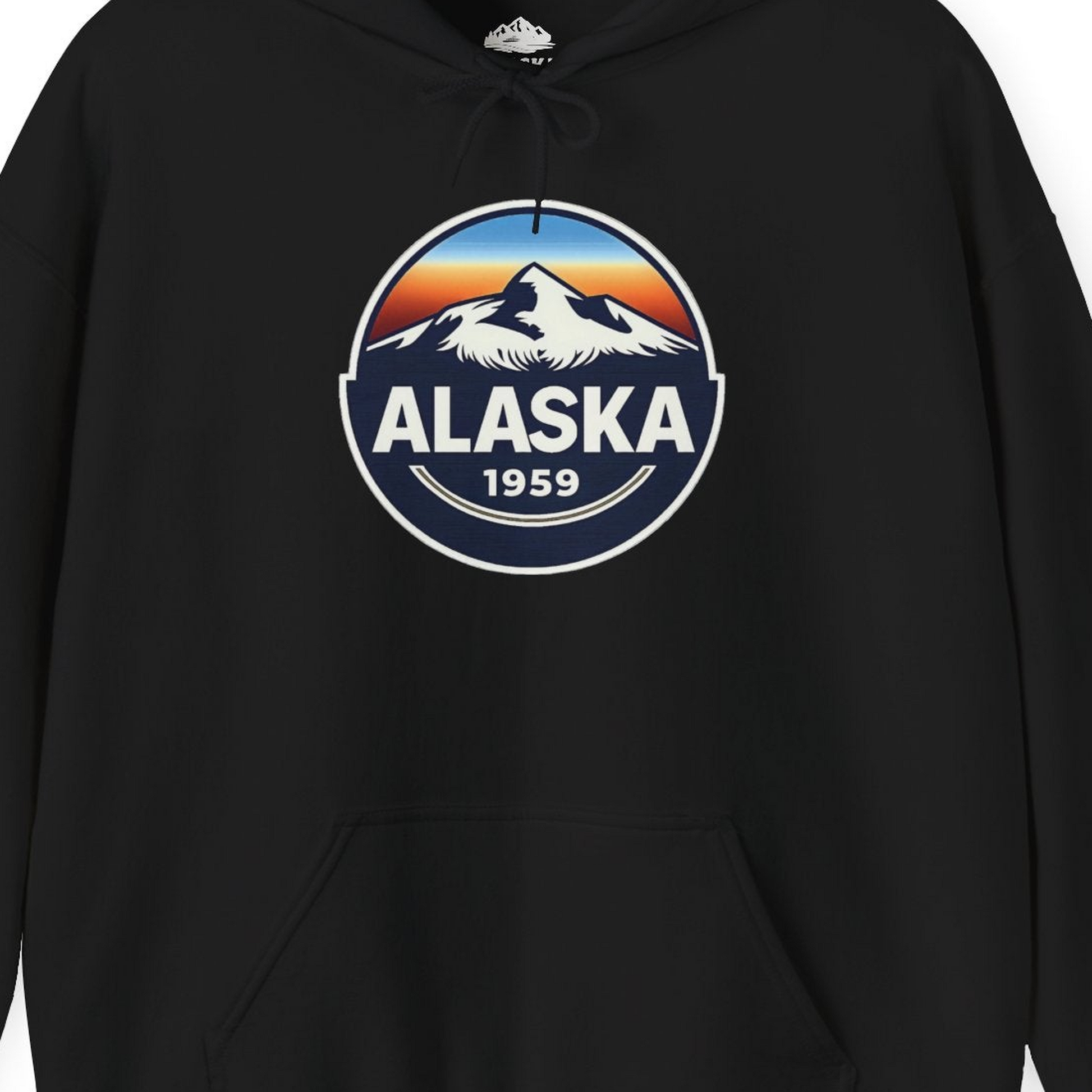 Alaska 1959 Retro Mountain Sunset Badge hoodie Vintage Statehood hoodie — Hoodie Hoodie – Black – Alaska Cruise Shirts Close Up