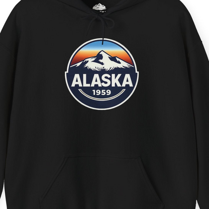 Alaska 1959 Retro Mountain Sunset Badge hoodie Vintage Statehood hoodie — Hoodie Hoodie – Black – Alaska Cruise Shirts Close Up