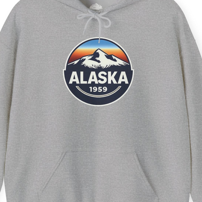 Alaska 1959 Retro Mountain Sunset Badge hoodie Vintage Statehood hoodie — Hoodie Hoodie – Sport Grey – Alaska Cruise Shirts Close Up