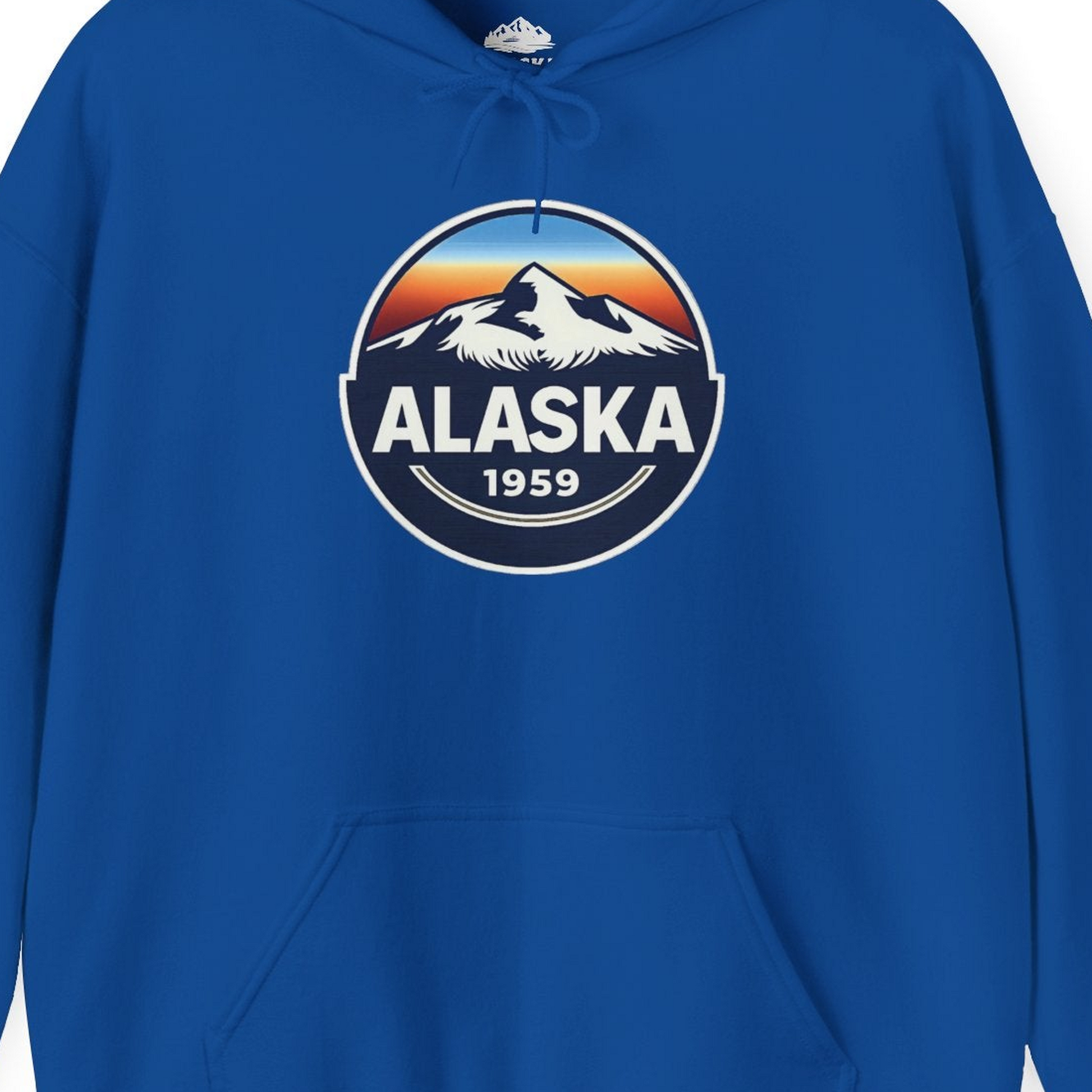 Alaska 1959 Retro Mountain Sunset Badge hoodie Vintage Statehood hoodie — Hoodie Hoodie – Royal – Alaska Cruise Shirts Close Up