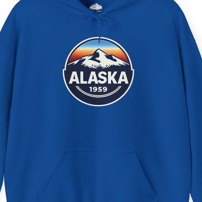 Alaska 1959 Retro Mountain Sunset Badge hoodie Vintage Statehood hoodie — Hoodie Hoodie – Royal – Alaska Cruise Shirts Close Up