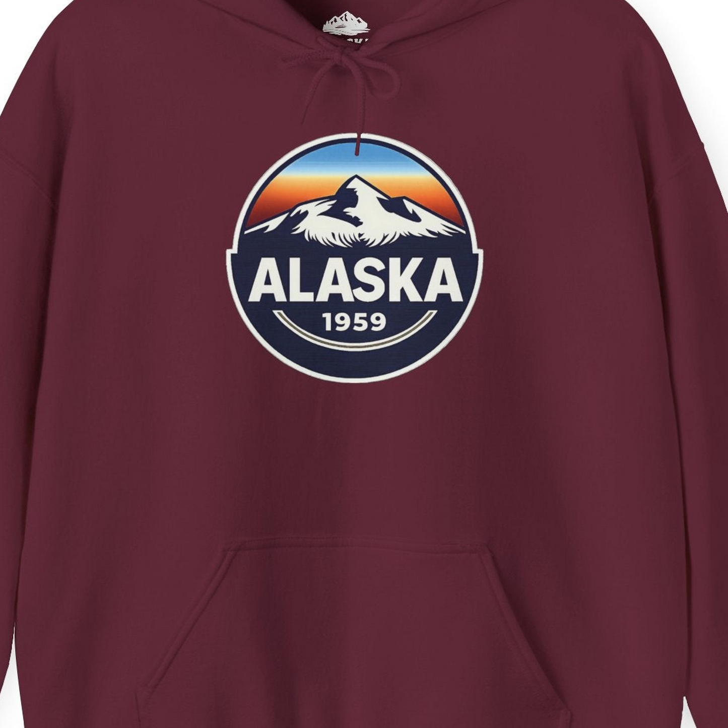 Alaska 1959 Retro Mountain Sunset Badge hoodie Vintage Statehood hoodie — Hoodie Hoodie – Maroon – Alaska Cruise Shirts Close Up