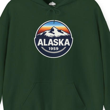 Alaska 1959 Retro Mountain Sunset Badge hoodie Vintage Statehood hoodie — Hoodie Hoodie – Forest Green – Alaska Cruise Shirts Close Up