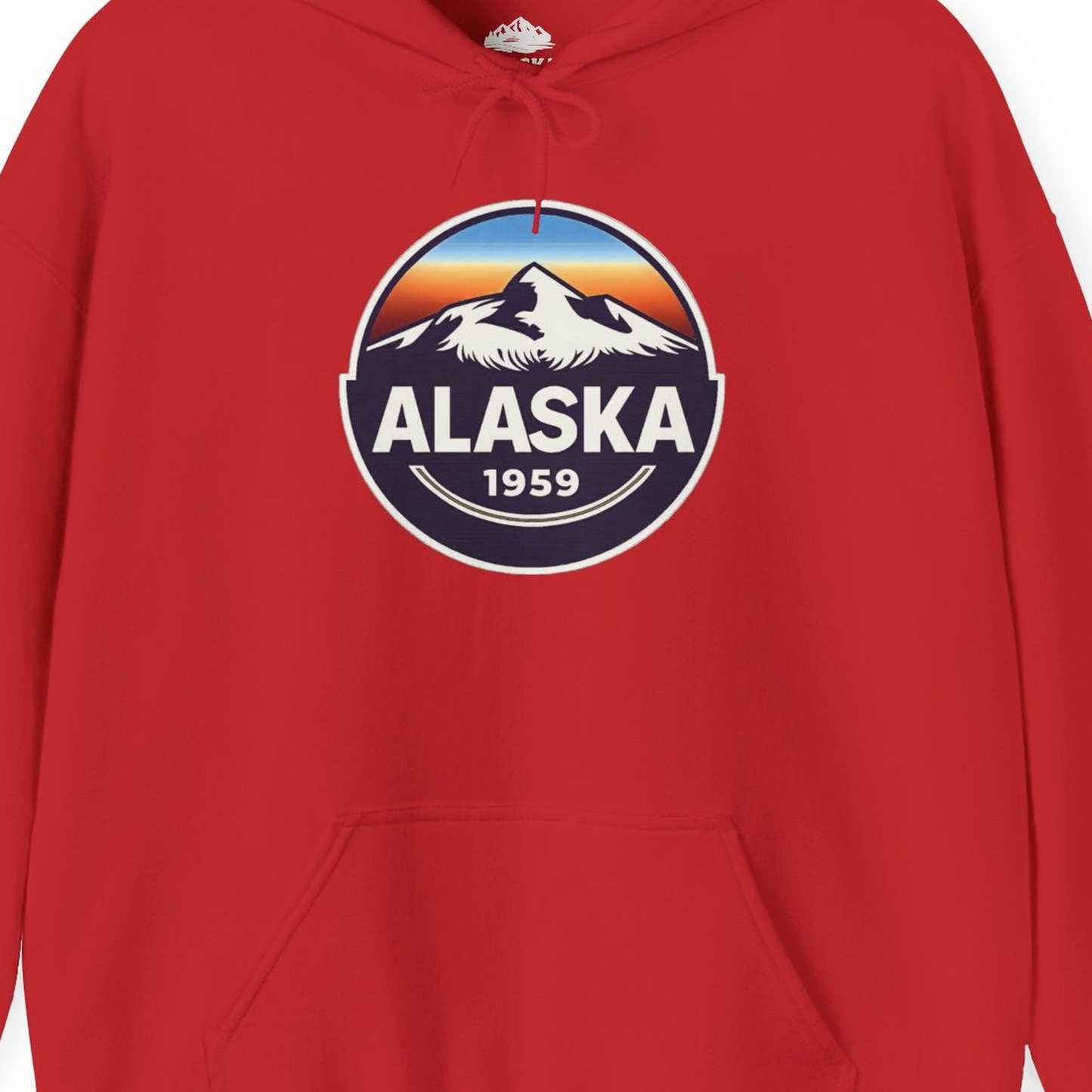 Alaska 1959 Retro Mountain Sunset Badge hoodie Vintage Statehood hoodie — Hoodie Hoodie – Red – Alaska Cruise Shirts Close Up