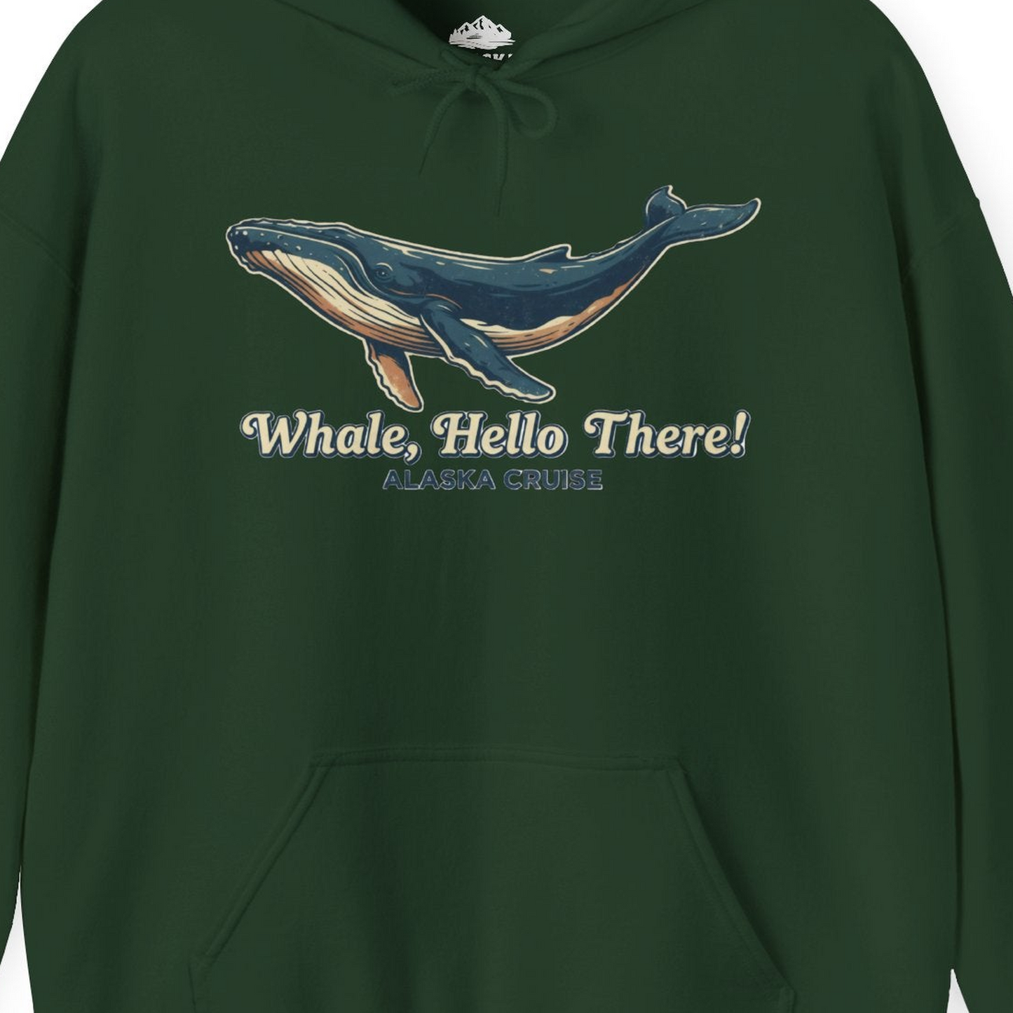 Whale Hello There Alaska Cruise Shirt Hoodie – Forest Green – Alaska Cruise Shirts Close Up