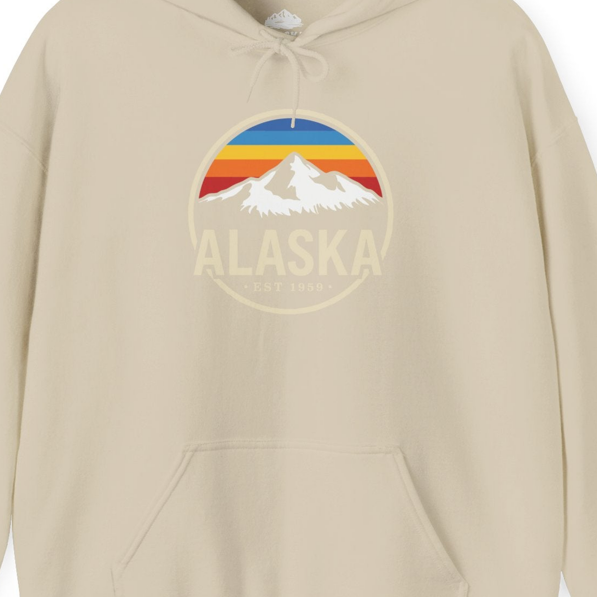 Alaska Vintage Mountain Sunset hoodie Hoodie – Sand – Alaska Cruise Shirts Close Up