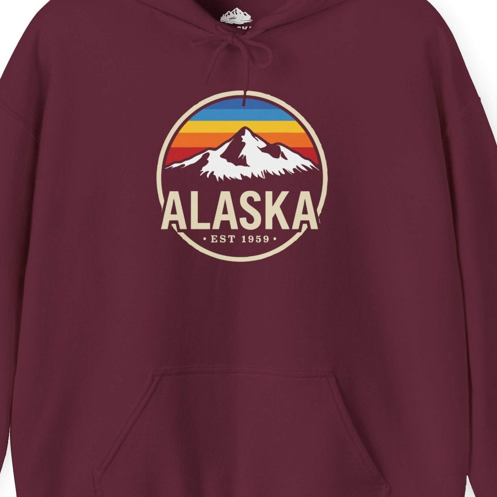 Alaska Vintage Mountain Sunset hoodie Hoodie – Maroon – Alaska Cruise Shirts Close Up