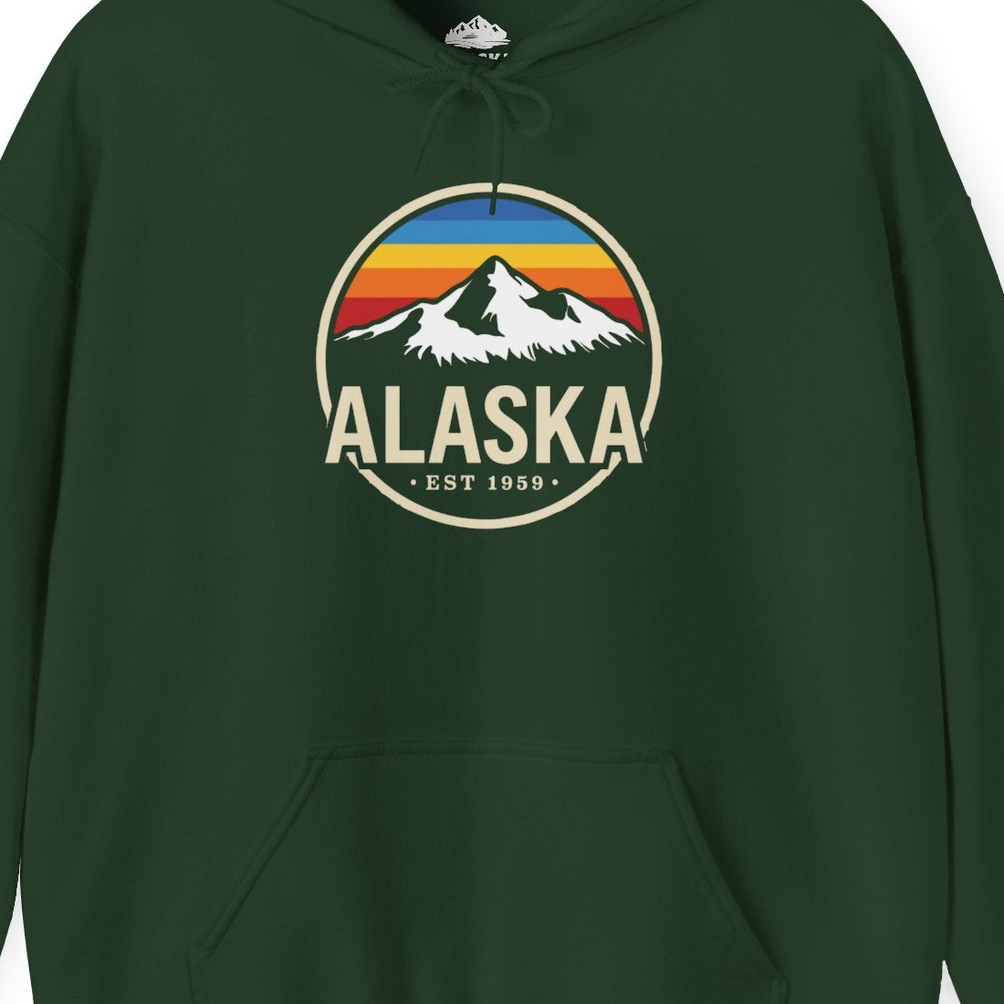 Alaska Vintage Mountain Sunset hoodie Hoodie – Forest Green – Alaska Cruise Shirts Close Up