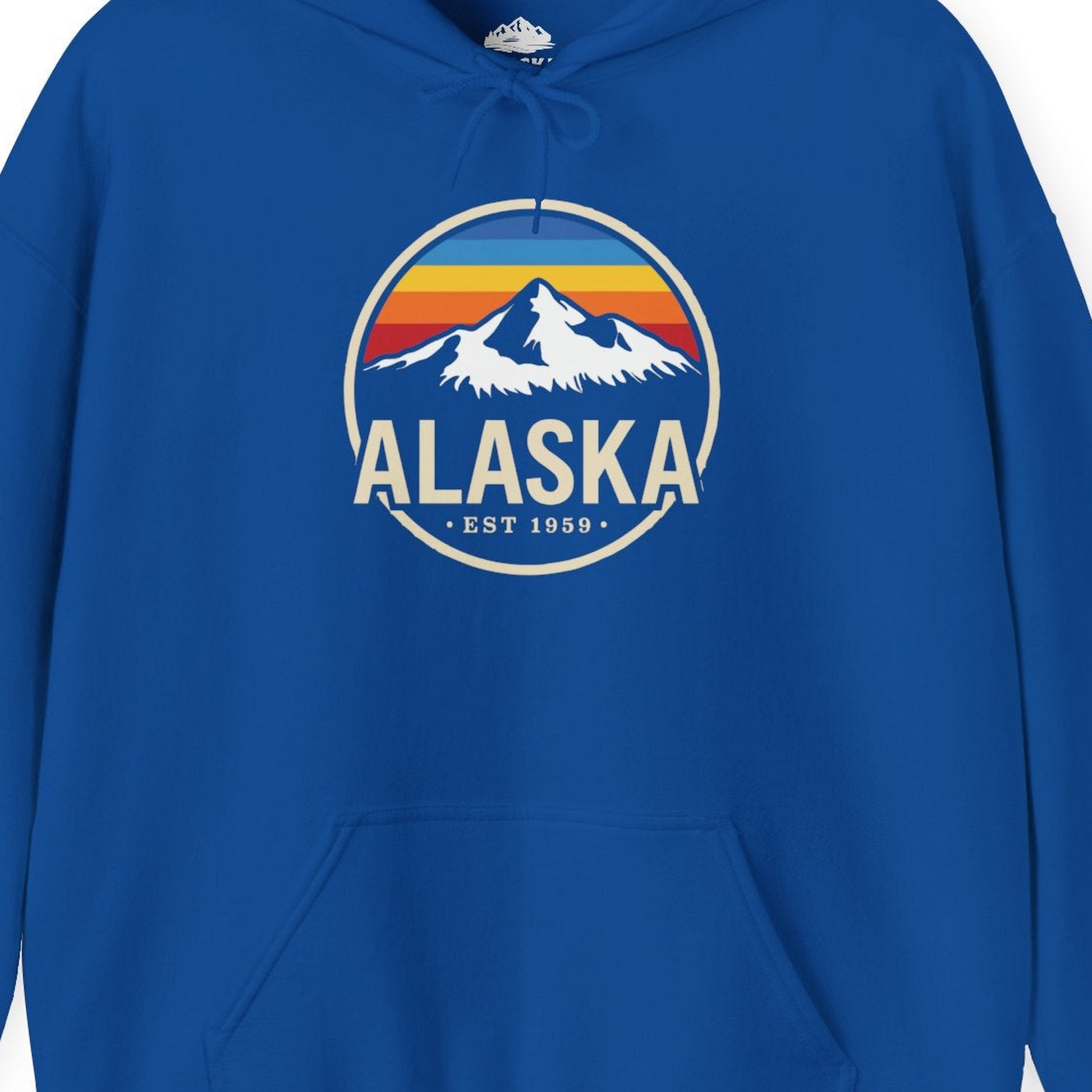 Alaska Vintage Mountain Sunset hoodie Hoodie – Royal – Alaska Cruise Shirts Close Up