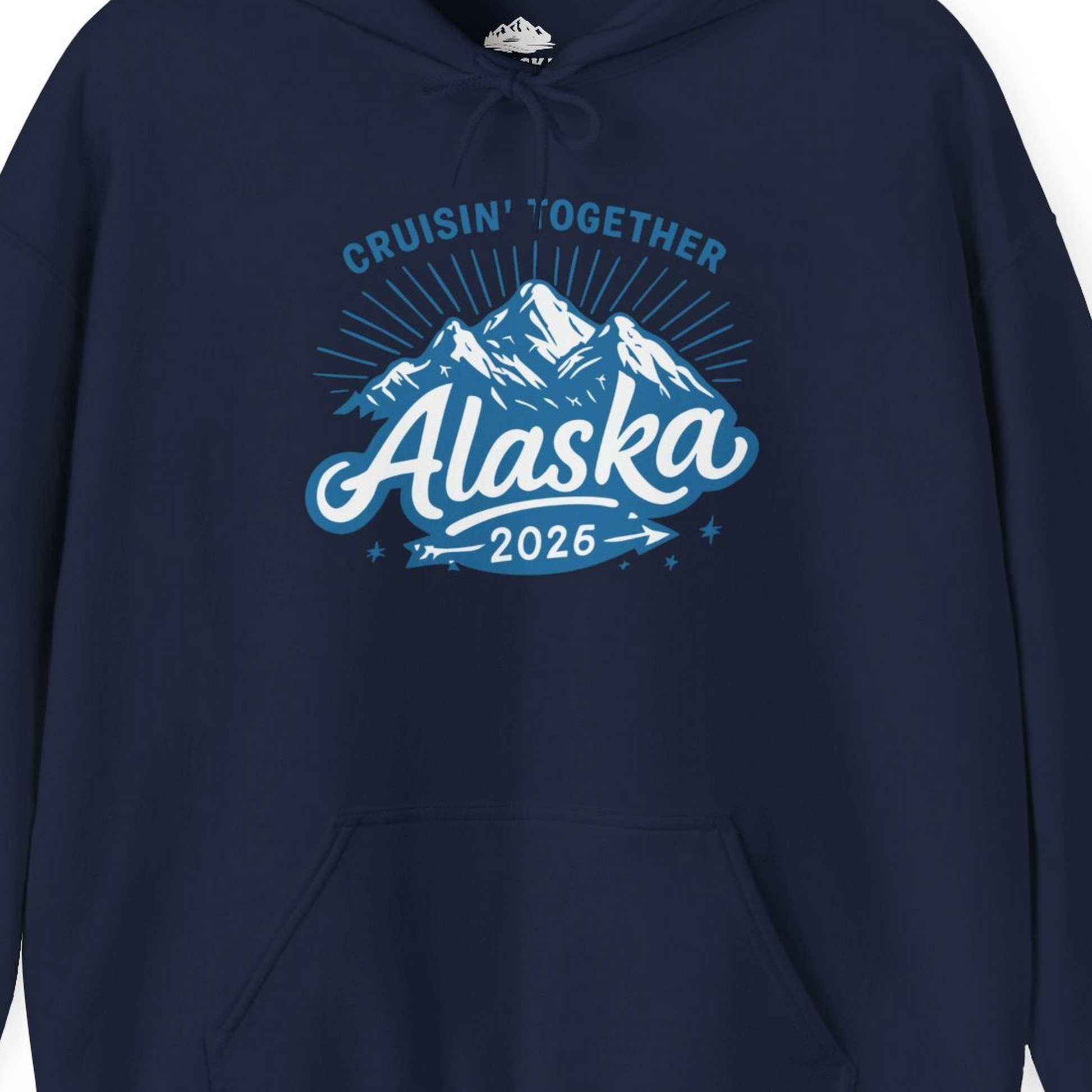 Alaska Cruise Mountains Adventure Shirt Hoodie – Navy – Alaska Cruise Shirts Close Up