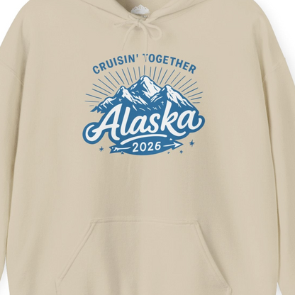 Alaska Cruise Mountains Adventure Shirt Hoodie – Sand – Alaska Cruise Shirts Close Up