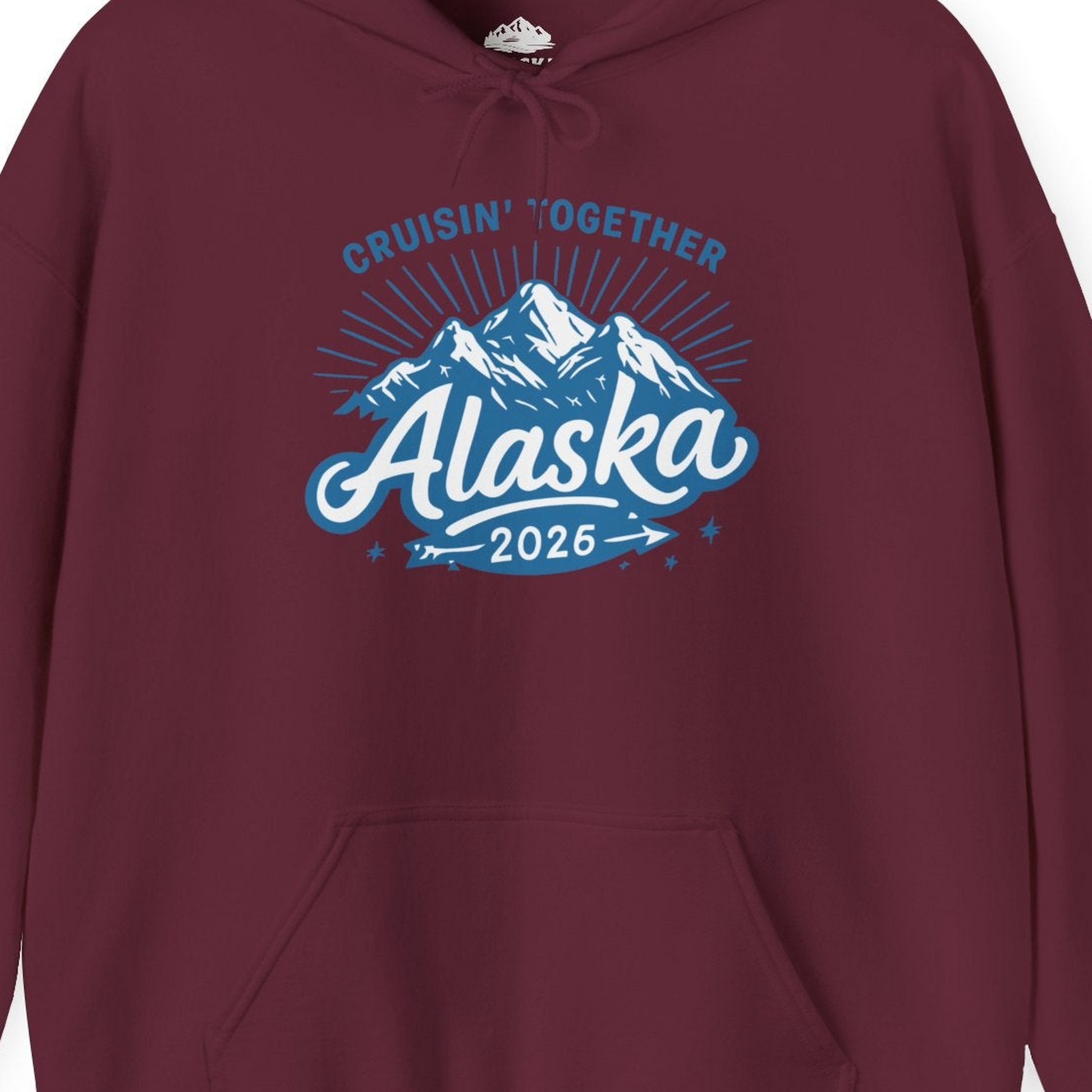 Alaska Cruise Mountains Adventure Shirt Hoodie – Maroon – Alaska Cruise Shirts Close Up