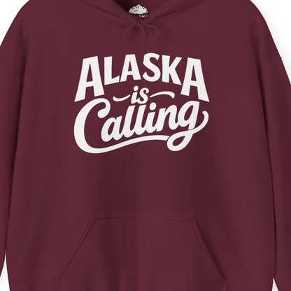 Alaska Is Calling Shirt Hoodie – Maroon – Alaska Cruise Shirts Close Up
