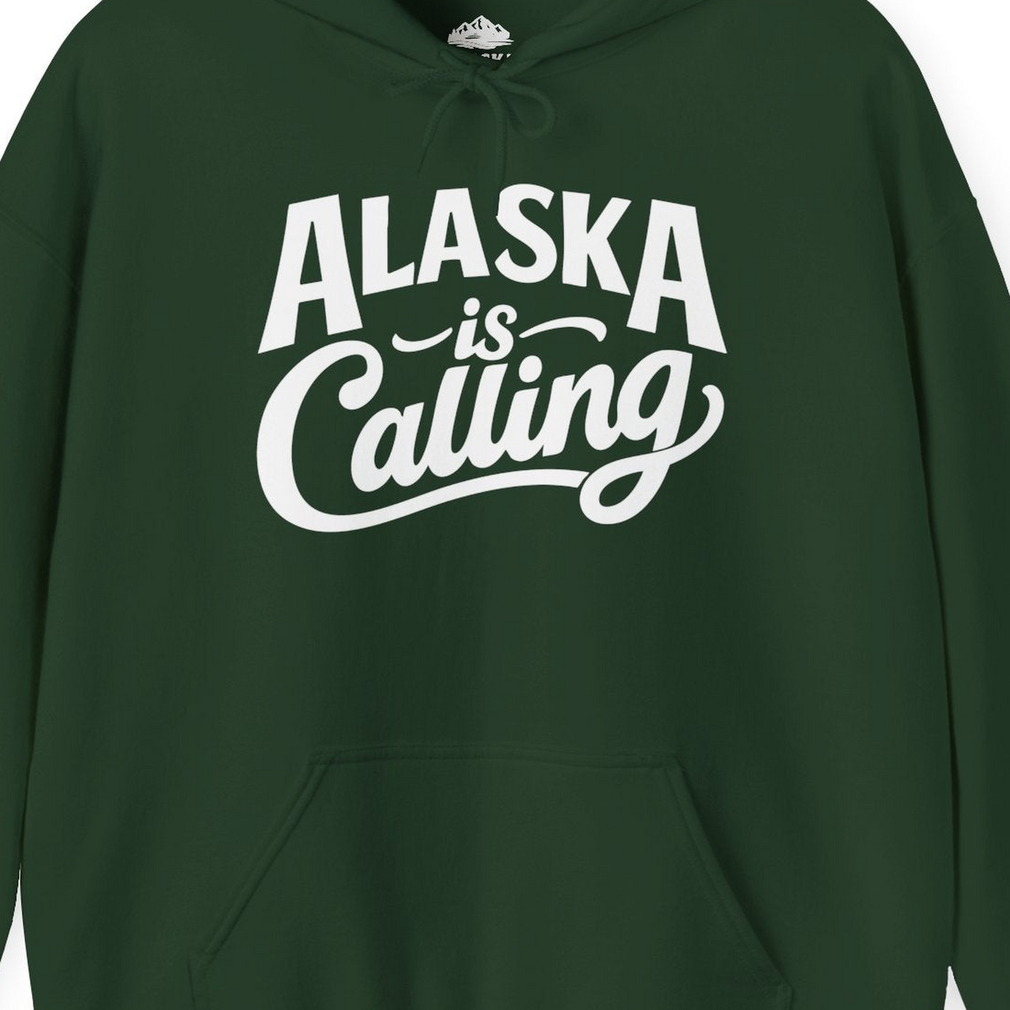 Alaska Is Calling Shirt Hoodie – Forest Green – Alaska Cruise Shirts Close Up