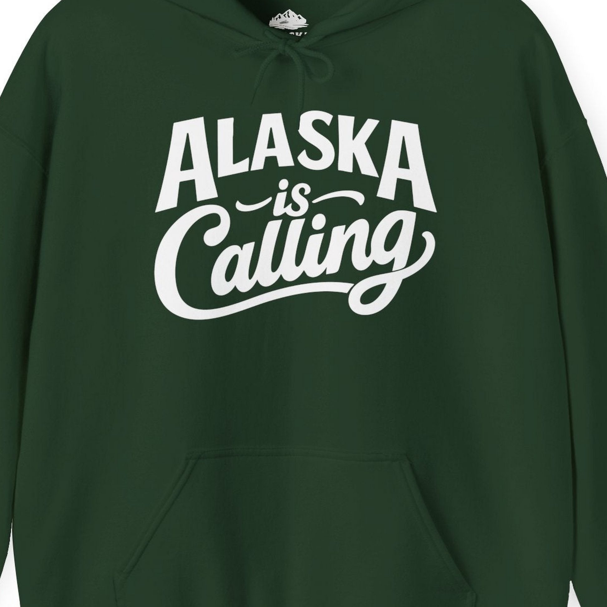 Alaska Is Calling Shirt Hoodie – Forest Green – Alaska Cruise Shirts Close Up