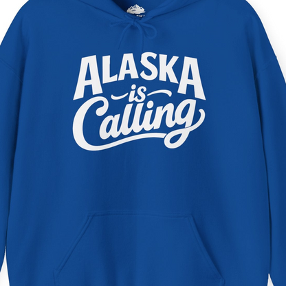 Alaska Is Calling Shirt Hoodie – Royal – Alaska Cruise Shirts Close Up