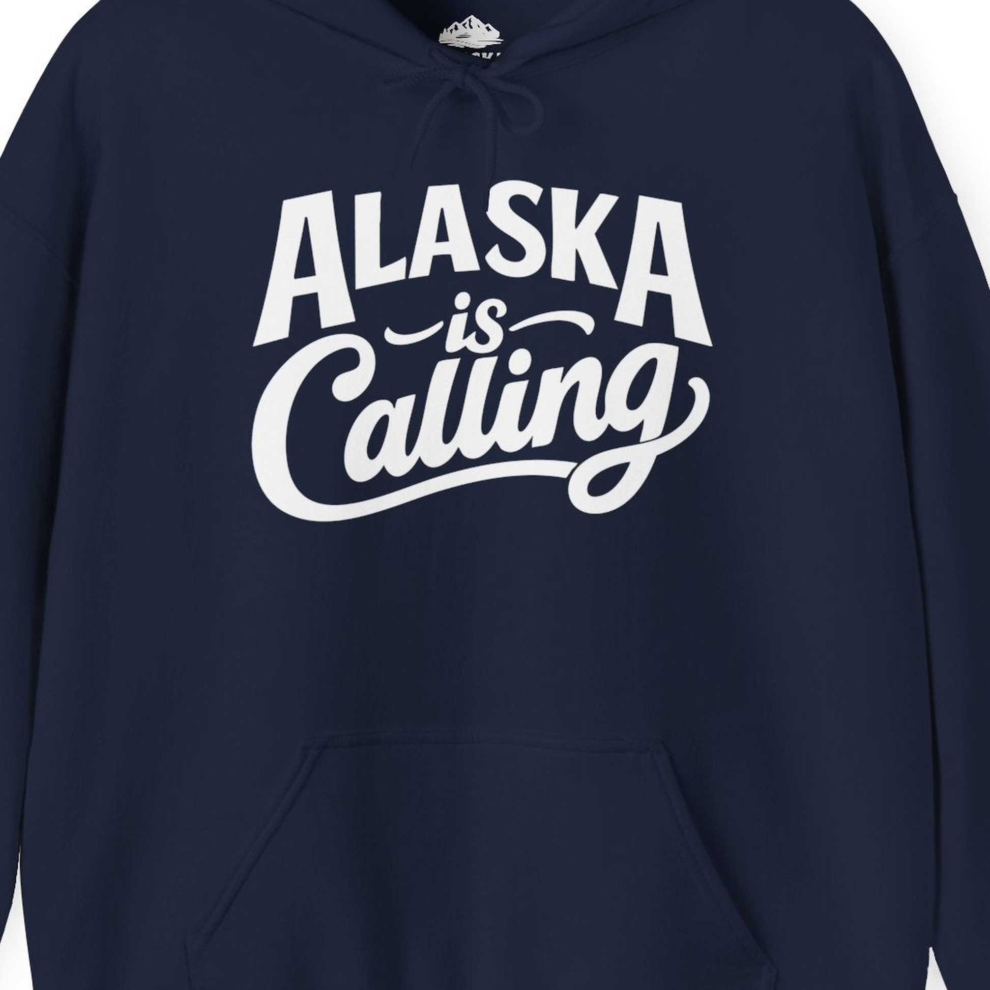 Alaska Is Calling Shirt Hoodie – Navy – Alaska Cruise Shirts Close Up