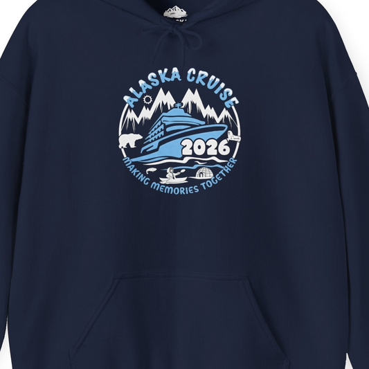 Alaska Cruise 2026 Family Adventure Shirt with Wildlife and Nature — Hoodie Hoodie – Navy – Alaska Cruise Shirts Close Up