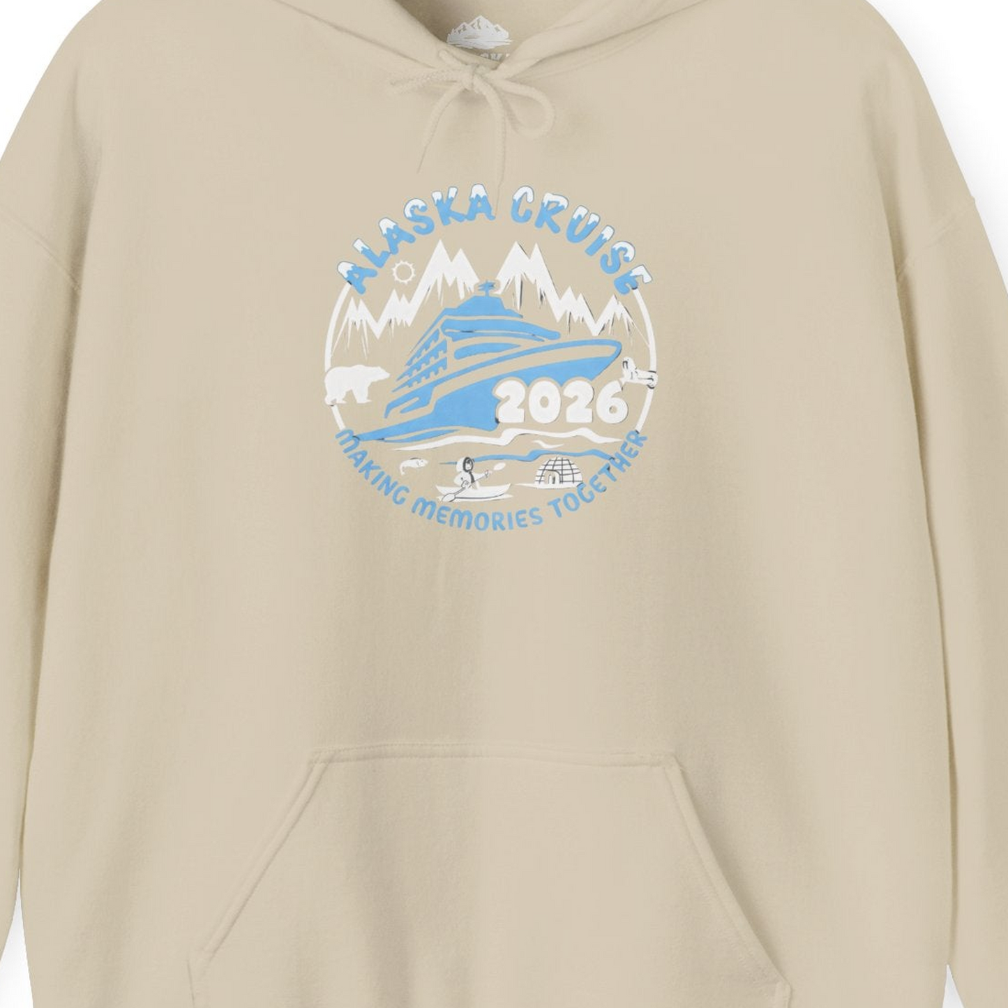 Alaska Cruise 2026 Family Adventure Shirt with Wildlife and Nature — Hoodie Hoodie – Sand – Alaska Cruise Shirts Close Up