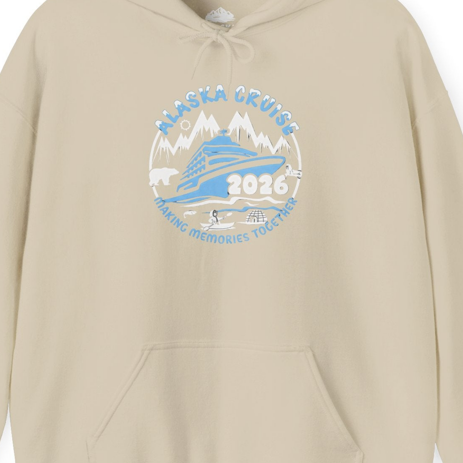 Alaska Cruise 2026 Family Adventure Shirt with Wildlife and Nature — Hoodie Hoodie – Sand – Alaska Cruise Shirts Close Up