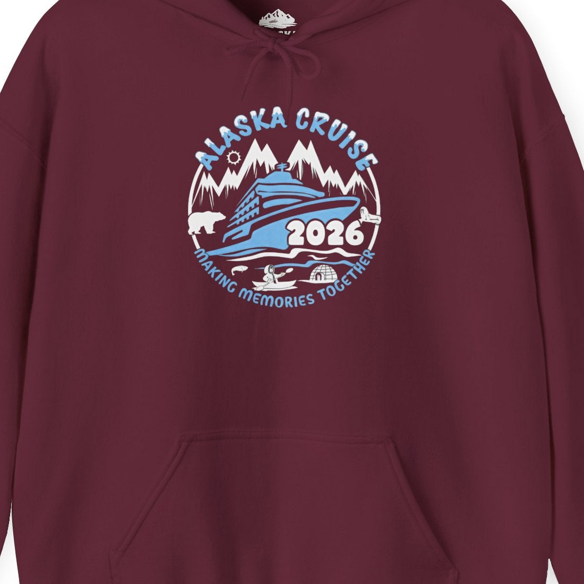 Alaska Cruise 2026 Family Adventure Shirt with Wildlife and Nature — Hoodie Hoodie – Maroon – Alaska Cruise Shirts Close Up