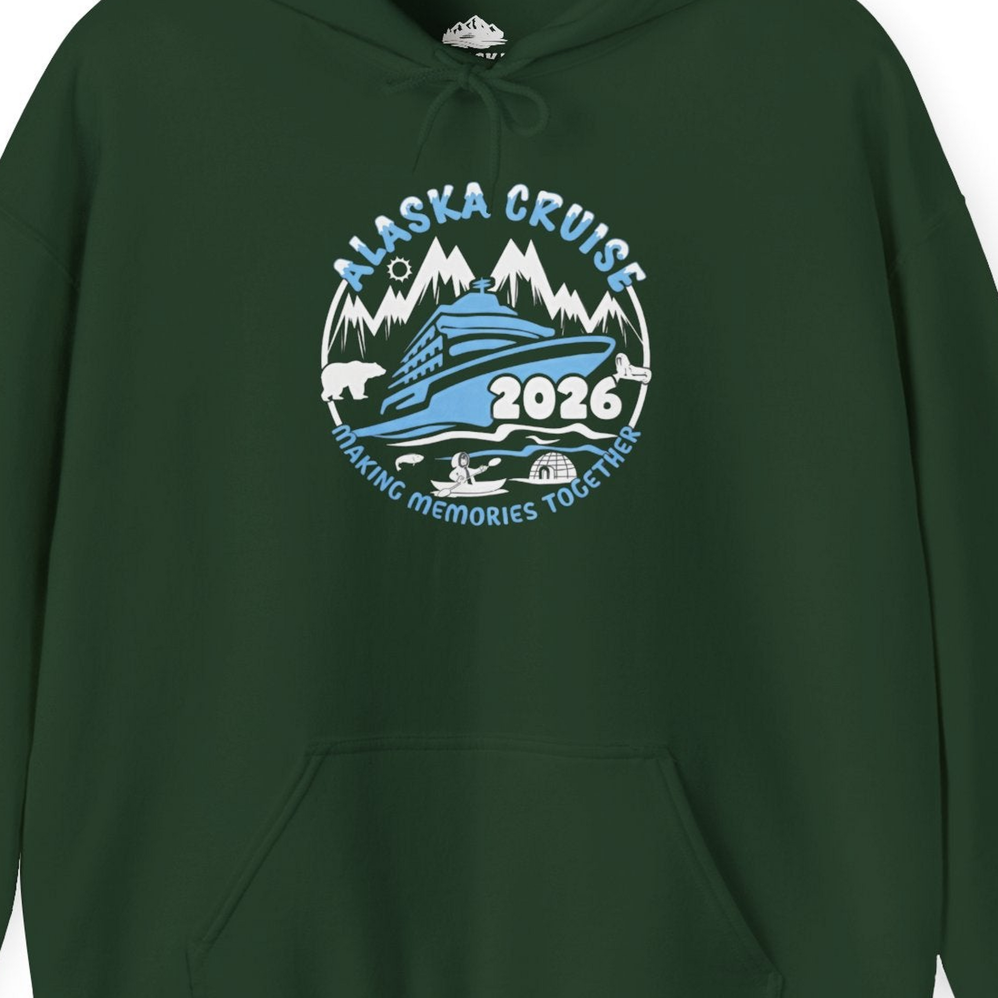 Alaska Cruise 2026 Family Adventure Shirt with Wildlife and Nature — Hoodie Hoodie – Forest Green – Alaska Cruise Shirts Close Up