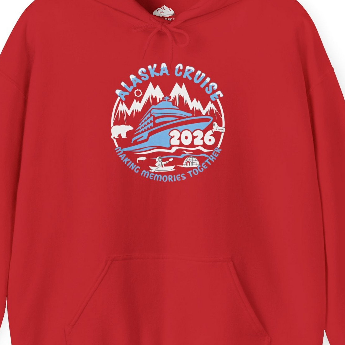 Alaska Cruise 2026 Family Adventure Shirt with Wildlife and Nature — Hoodie Hoodie – Red – Alaska Cruise Shirts Close Up