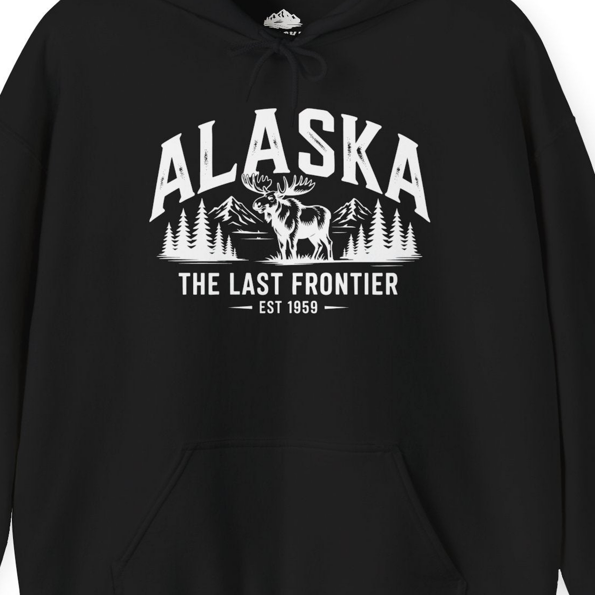 Alaska The Last Frontier Moose Mountain Wilderness Graphic Shirt — Hoodie Hoodie – Black – Alaska Cruise Shirts Close Up