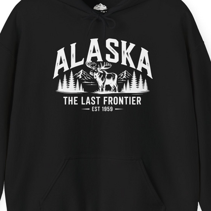 Alaska The Last Frontier Moose Mountain Wilderness Graphic Shirt — Hoodie Hoodie – Black – Alaska Cruise Shirts Close Up