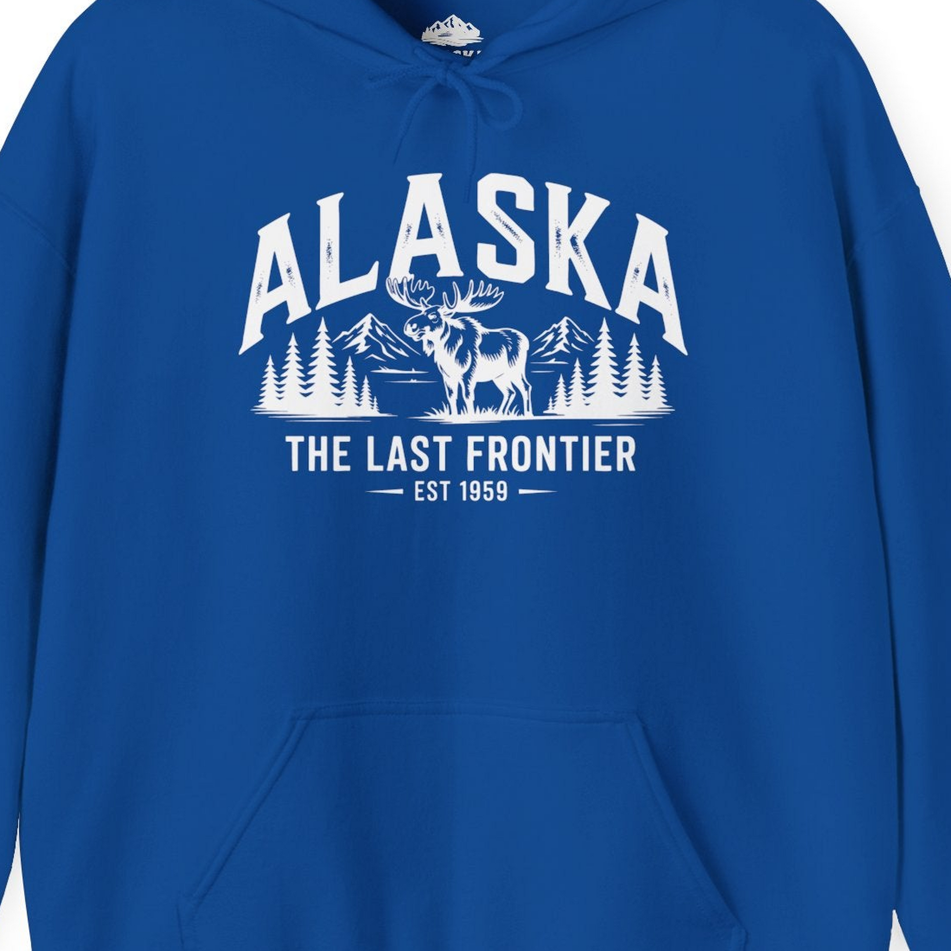 Alaska The Last Frontier Moose Mountain Wilderness Graphic Shirt — Hoodie Hoodie – Royal – Alaska Cruise Shirts Close Up