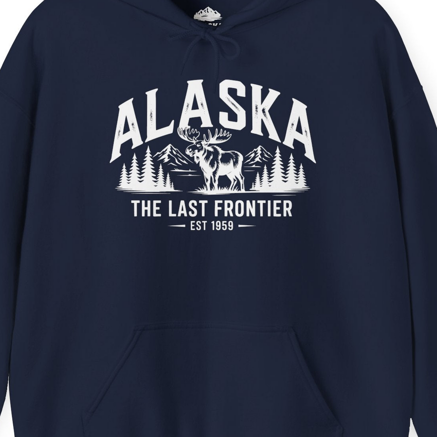 Alaska The Last Frontier Moose Mountain Wilderness Graphic Shirt — Hoodie Hoodie – Navy – Alaska Cruise Shirts Close Up
