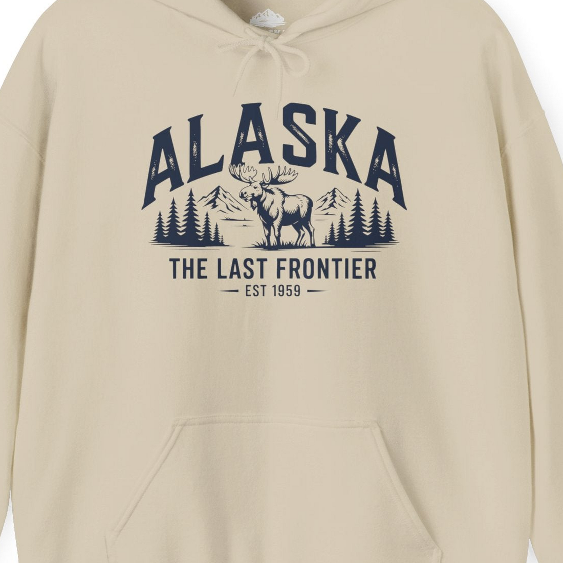 Alaska The Last Frontier Moose Mountain Wilderness Graphic Shirt — Hoodie Hoodie – Sand – Alaska Cruise Shirts Close Up