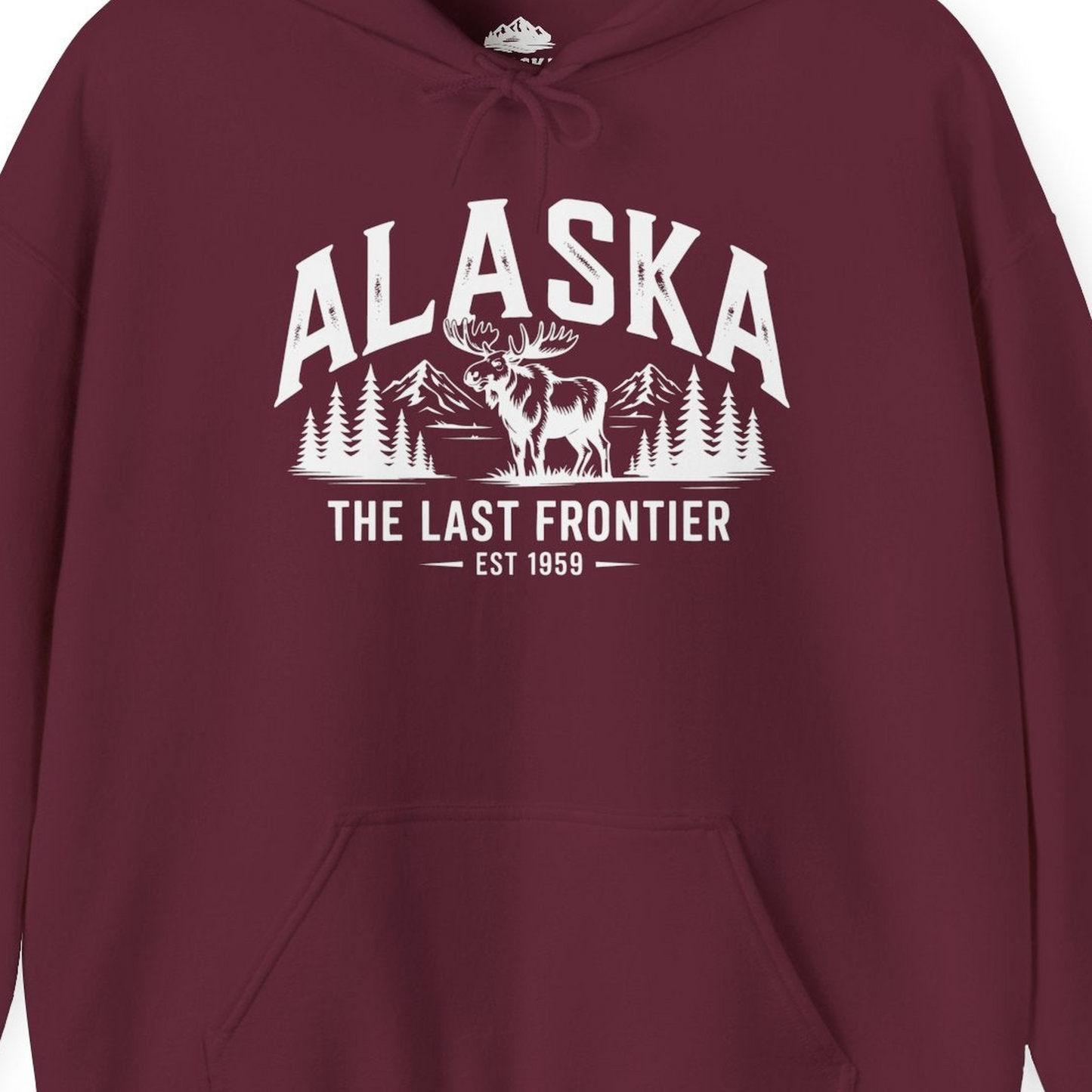 Alaska The Last Frontier Moose Mountain Wilderness Graphic Shirt — Hoodie Hoodie – Maroon – Alaska Cruise Shirts Close Up