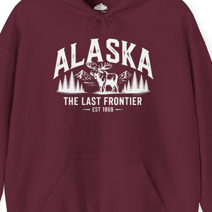 Alaska The Last Frontier Moose Mountain Wilderness Graphic Shirt — Hoodie Hoodie – Maroon – Alaska Cruise Shirts Close Up