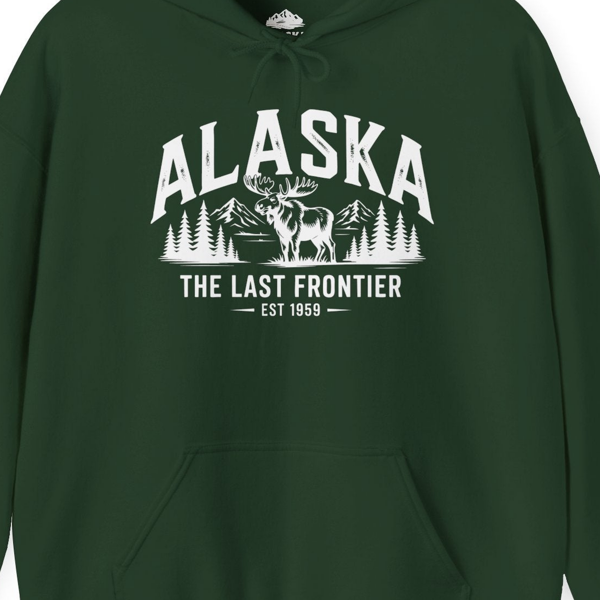 Alaska The Last Frontier Moose Mountain Wilderness Graphic Shirt — Hoodie Hoodie – Forest Green – Alaska Cruise Shirts Close Up