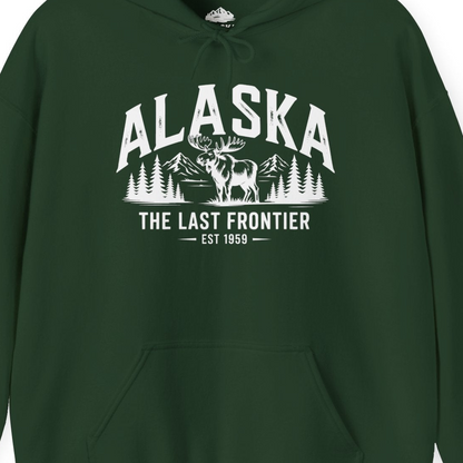 Alaska The Last Frontier Moose Mountain Wilderness Graphic Shirt — Hoodie Hoodie – Forest Green – Alaska Cruise Shirts Close Up