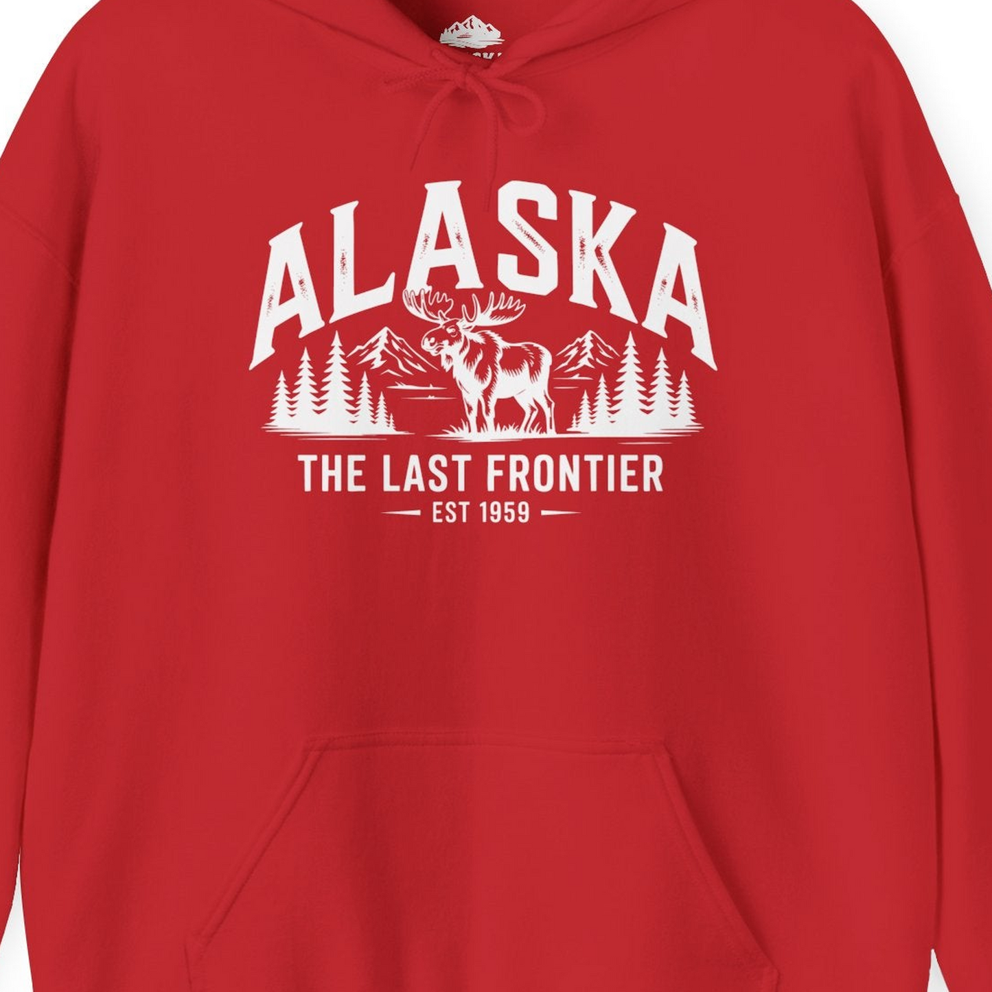 Alaska The Last Frontier Moose Mountain Wilderness Graphic Shirt — Hoodie Hoodie – Red – Alaska Cruise Shirts Close Up
