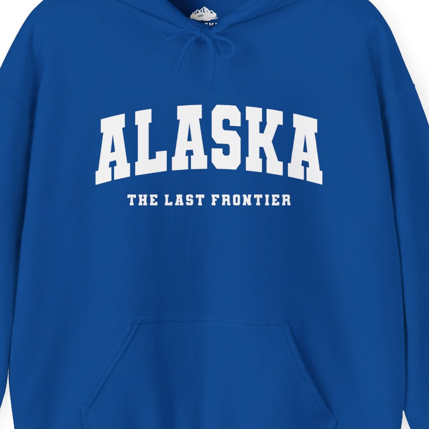 Alaska The Last Frontier Bold Collegiate Vintage State Pride Shirt — Hoodie Hoodie – Royal – Alaska Cruise Shirts Close Up