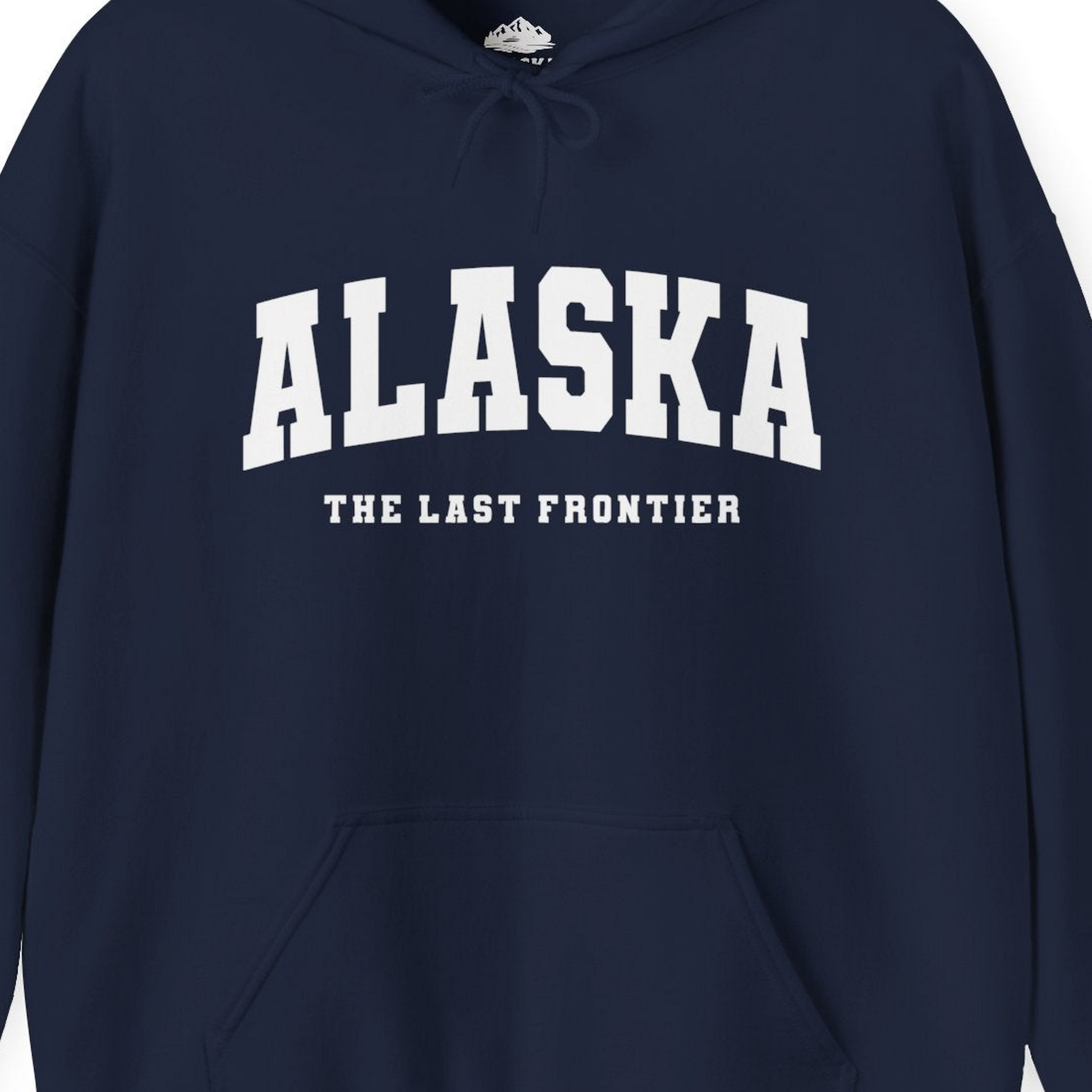 Alaska The Last Frontier Bold Collegiate Vintage State Pride Shirt — Hoodie Hoodie – Navy – Alaska Cruise Shirts Close Up